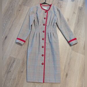 Melissa Vintage Glen Plaid Dress Red Trim Button Front Midi Secretary 80s Retro